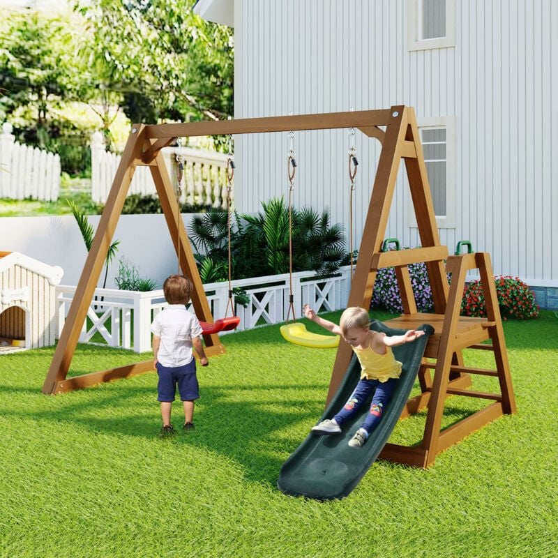 foto del prodotto altalena doppia per bambini con scivolo e scala di arrampicata, struttura per altalena da esterno in legno massello, naturale