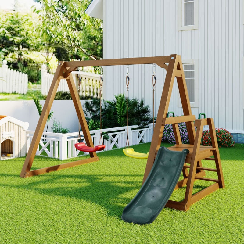 foto del prodotto altalena doppia per bambini, robusta altalena per bambini con scivolo e scala di salita, struttura per altalena da esterno in legno massiccio,