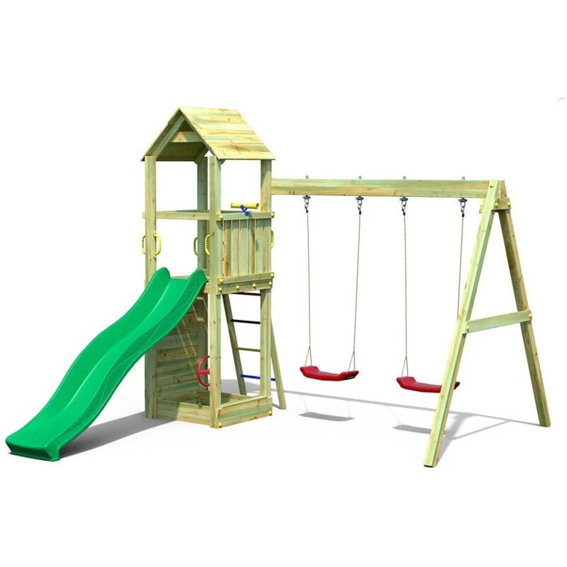 foto del prodotto altalena e scivolo parco giochi con casetta fungoo flappi giochi da giardino in legno
