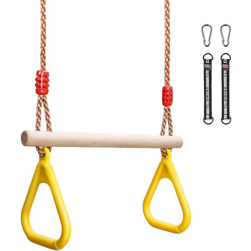 foto del prodotto altalena multifunzionale trapezoidale in legno per bambini con anelli ginnici in plastica, portante fino a 120 kg