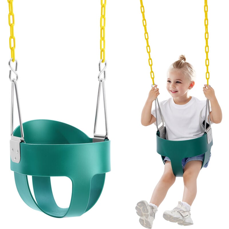 foto del prodotto altalena per bambini con schienale alto, catene rivestite e moschettoni, supporta 68 kg altalena per bambini, altalena completamente assemblata per