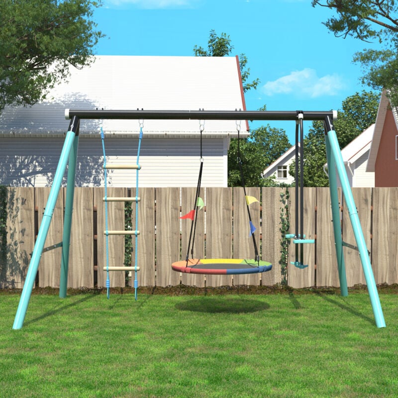 foto del prodotto altalena per bambini con struttura in metallo, altalena a nido regolabile in altezza , arrampicata e rampa, altalena, cortile, parco giochi, parco