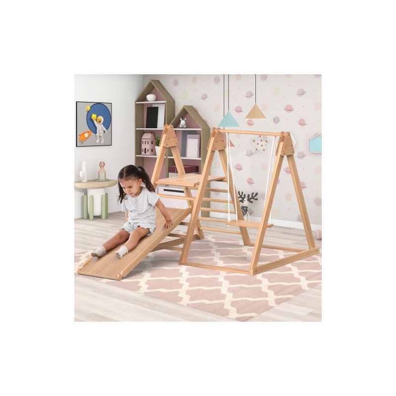 foto del prodotto altalena per bambini, scivolo per bambini, altalena per bambini in legno 3 in 1 con struttura per arrampicata, naturale