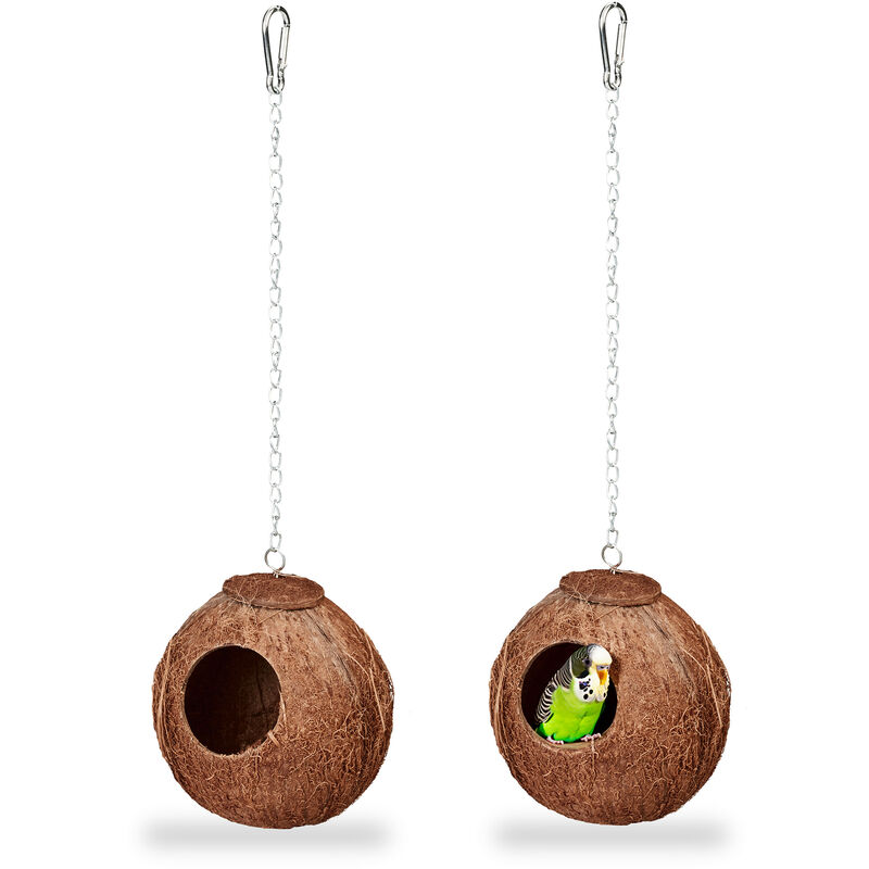 foto del prodotto altalena per pappagalli, set 2 nidi in cocco per uccelli e canarini accessorio per gabbietta, marrone naturale relaxdays
