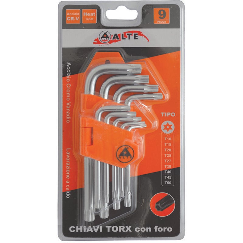 foto del prodotto alte chiavi maschio torx con foro tipo corto cromo vanadio in serie 9 pezzi