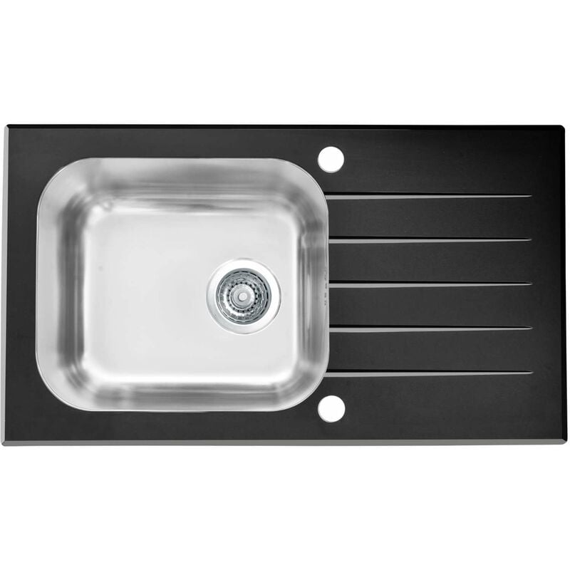 foto del prodotto altone lavello 78x44 cm, con comando dello scarico, vetro nero acciaio inox 1114558 alveus