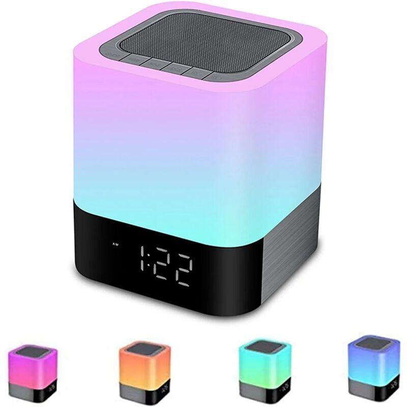 foto del prodotto altoparlante portatile bluetooth, lampada da comodino a led con controllo touch, lampada da tavolo che cambia colore, luce notturna con sveglia per