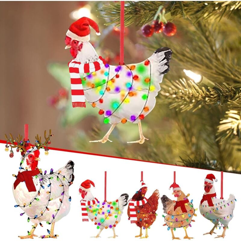 foto del prodotto altre decorazioni natalizie, 5 pezzi divertenti ornamenti natalizi a forma di pollo, sciarpa, decorazioni natalizie, ornamenti di pollo da appendere all'albero di natale all'aperto