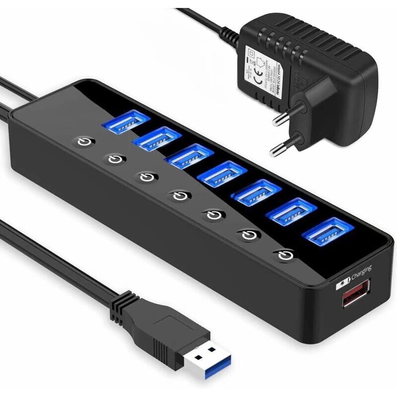 foto del prodotto altro accessorio domotico hub usb 3.0 attivo con alimentatore, 7 porte hub dati usb 3.0 attivo con switch e 1 porta di ricarica intelligente