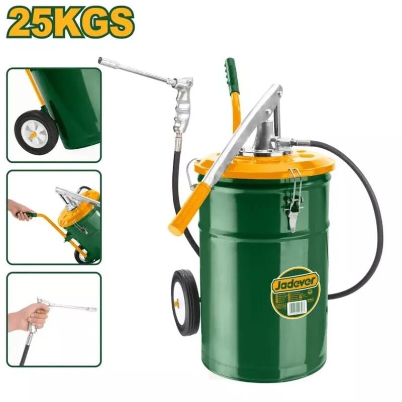 foto del prodotto altro ingrassatore manuale pneumatico con fusto da 25kg in acciaio e ruote, compressore a leva per grasso, pistola ingrassatrice professionale,