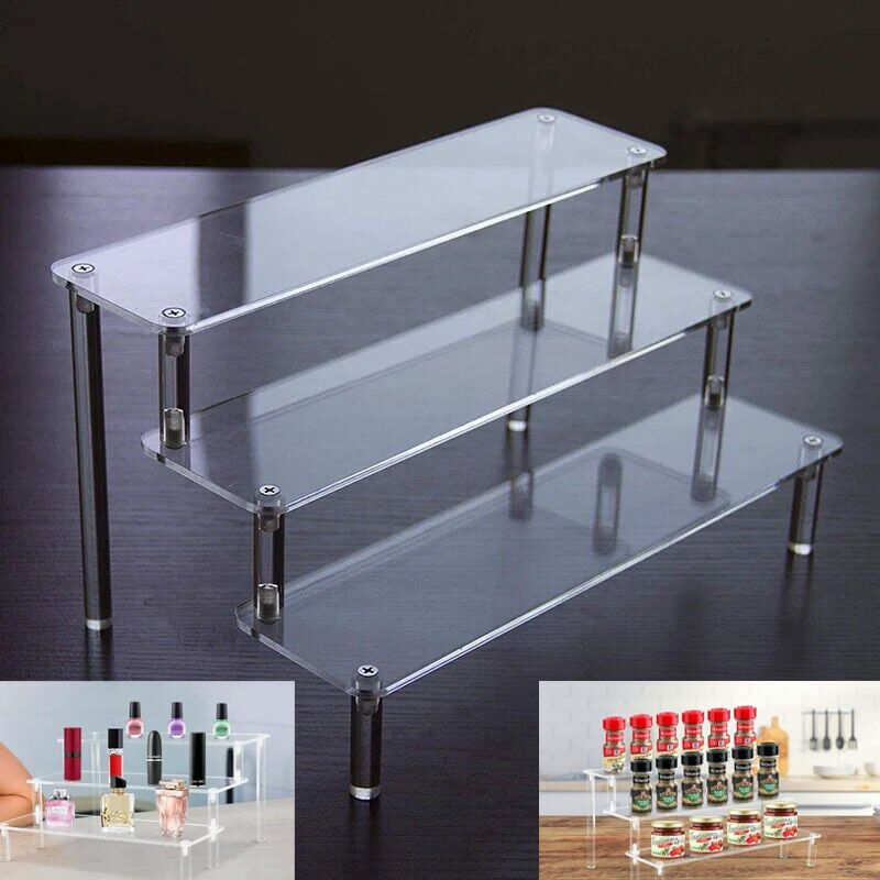 foto del prodotto altro stoccaggio, espositore in acrilico trasparente, ripiano trasparente a 3 livelli, collezione di espositori in acrilico, per esporre statuette,