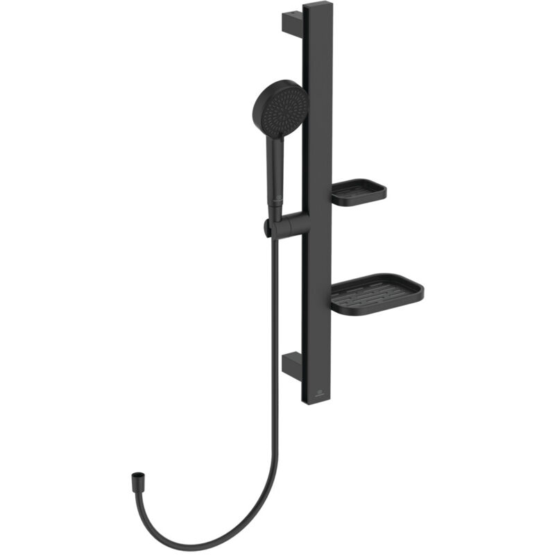 foto del prodotto alu , asta doccia in alluminio da 60cm, saliscendi con fissaggi regolabili e due mensole a libera installazione, set con doccetta due funzioni e tubo