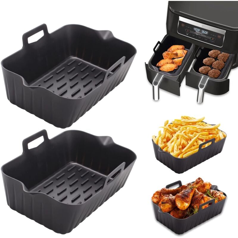 foto del prodotto alyvisun 2 pezzi teglie friggitrice ad aria riutilizzabili, contenitori silicone doppio cestello accessori per air fryer, forno, microonde nero