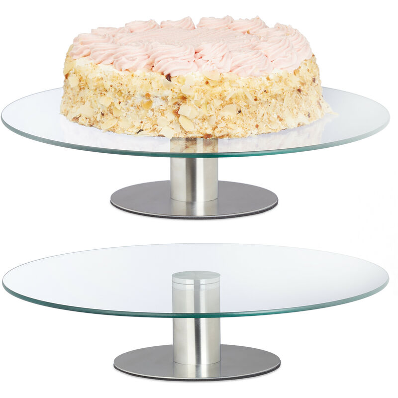 foto del prodotto alzatina girevole per dolci, set da 2, vassoio girevole in vetro, alzata rotonda 30cm, trasparente argentato relaxdays