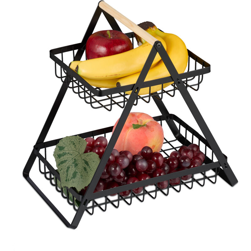 foto del prodotto alzatina portafrutta, cesto per frutta e verdura da tavolo, 2 cestini, etagere centrotavola per cucina, nero relaxdays