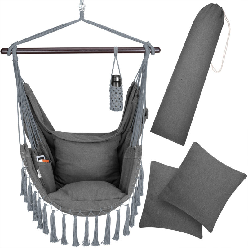 foto del prodotto amaca a poltrona max. 150 kg boho style cotone naturale intrecciato macram portabevande 2 cuscini xl altalena da giardino antracite detex