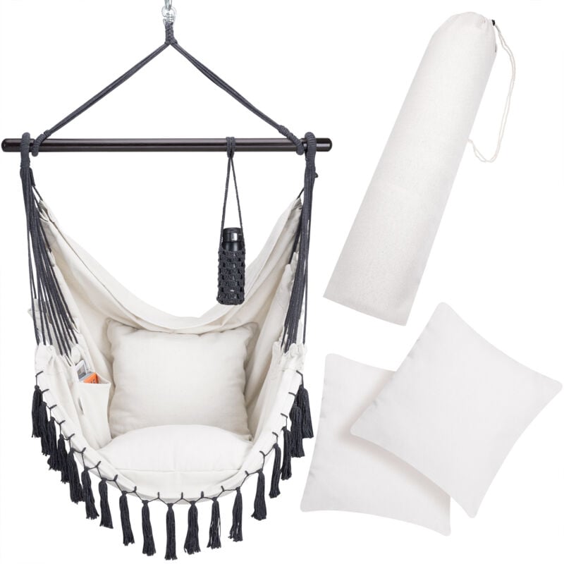 foto del prodotto amaca a poltrona max. 150 kg boho style cotone naturale intrecciato macramè portabevande 2 cuscini xl altalena da giardino crema - detex
