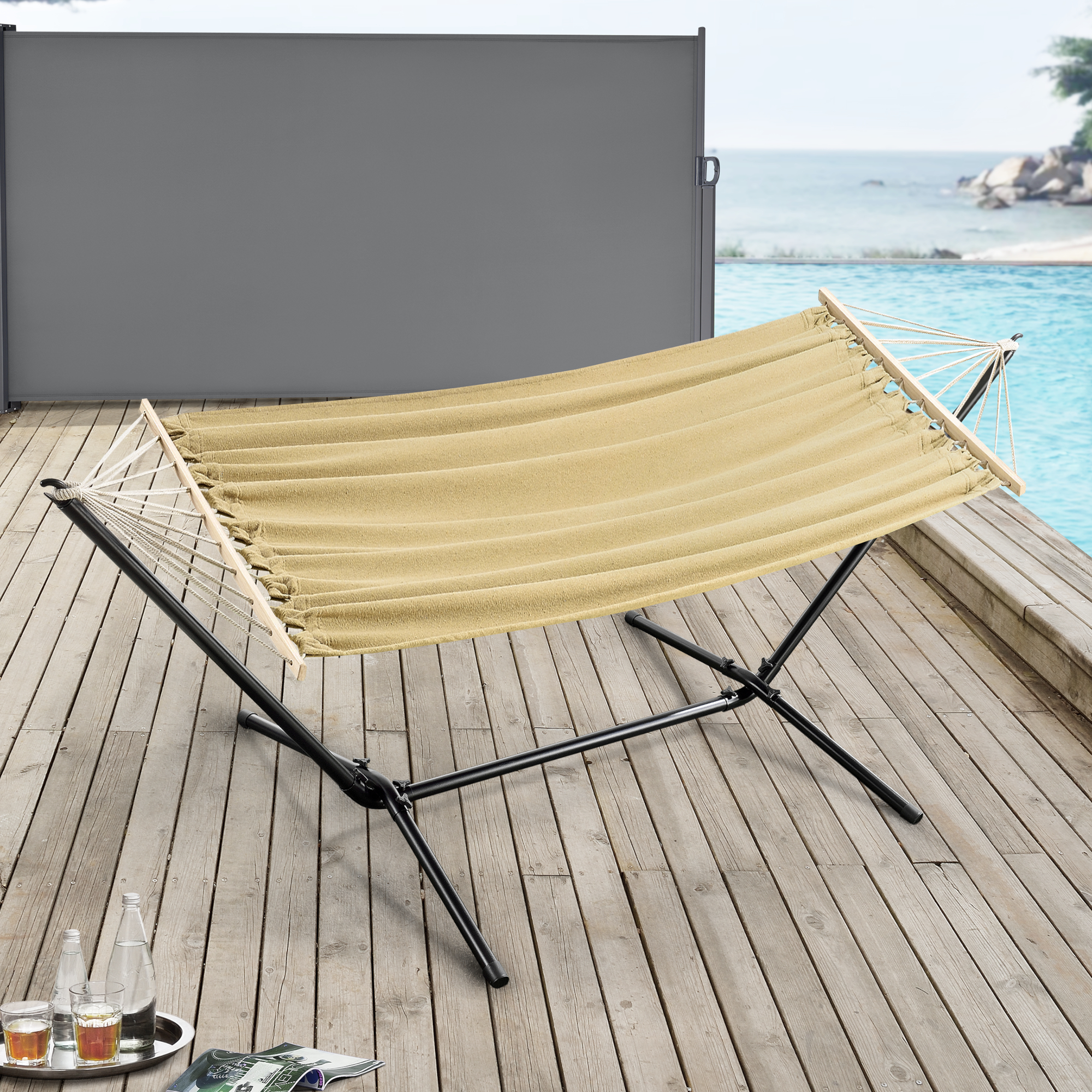foto del prodotto amaca con supporto in acciaio con telo 200 x 100 cm beige en.casa 