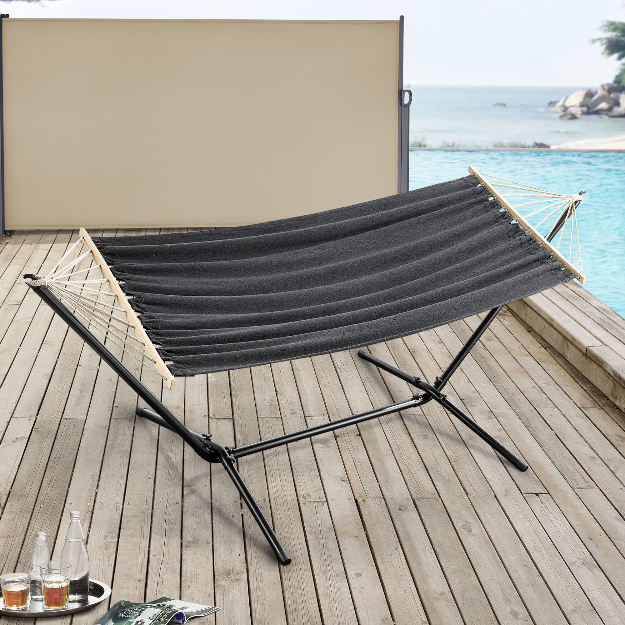 foto del prodotto amaca con supporto in acciaio con telo 200 x 100 cm grigio scuro en.casa 