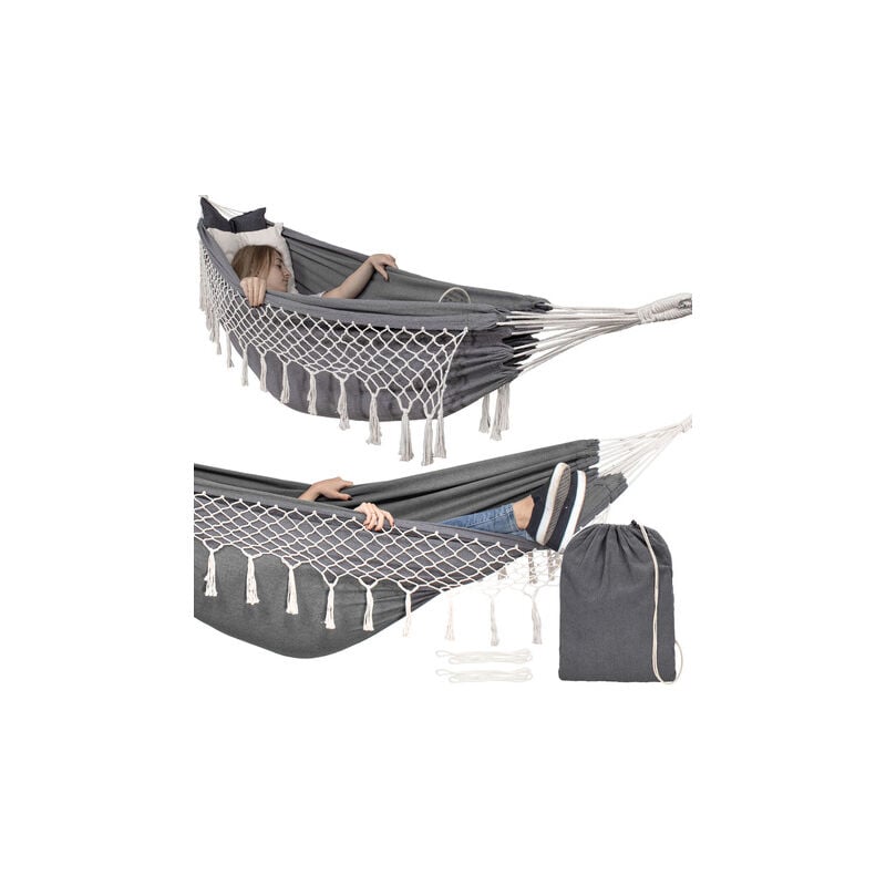 foto del prodotto amaca doppia da giardino con frange 200x150cm a dondolo 200kg grigio-crema