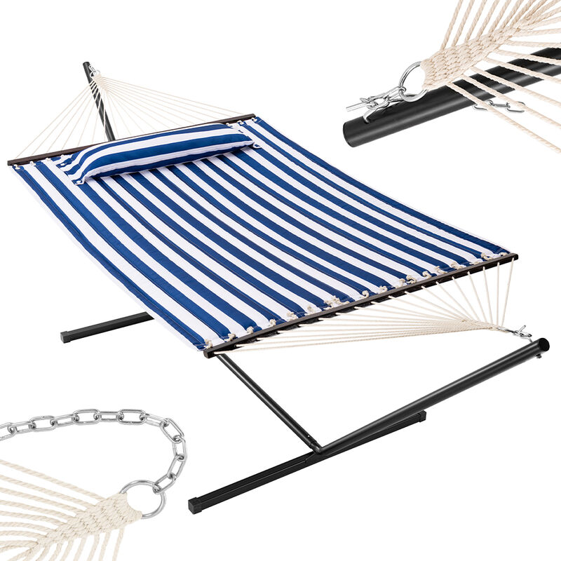 foto del prodotto amaca giardino brasiliana blu bianco 1 cuscino e supporto acciaio portata 200 kg