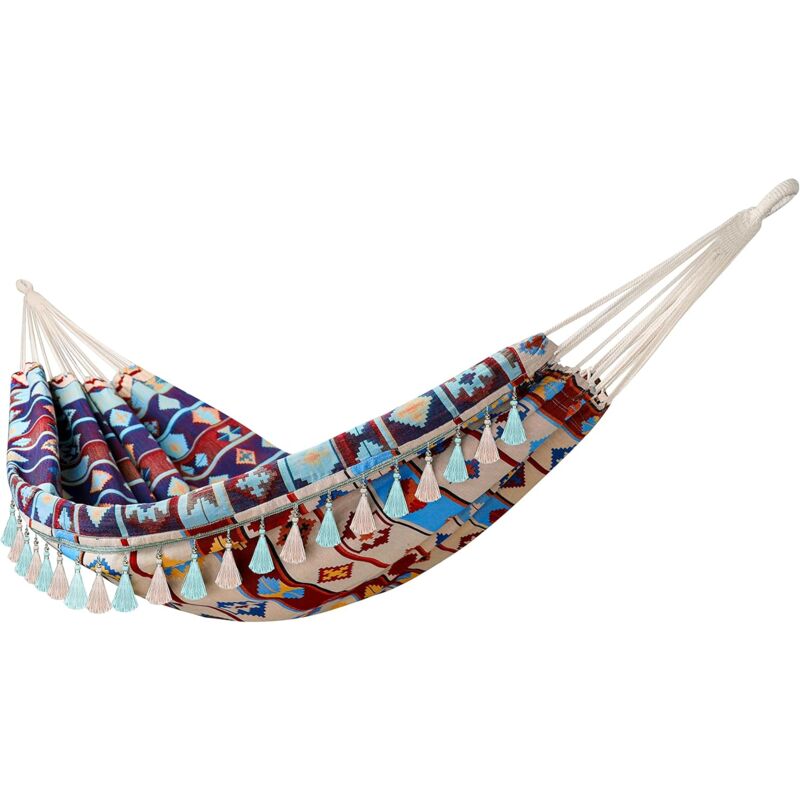 foto del prodotto amaca in tela jacquard con frange pieghevoli, amaca con cordino, multicolore