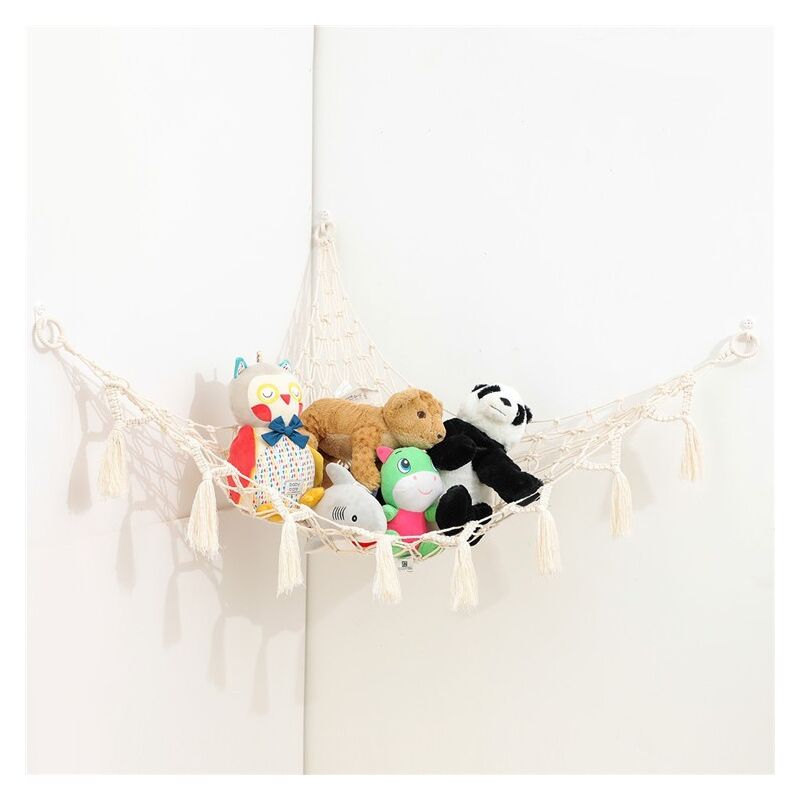 foto del prodotto amaca macram in peluche con luce, amaca ad angolo per giocattoli, organizer espositore, rete per animali sospesi, borsa a rete in corda di cotone