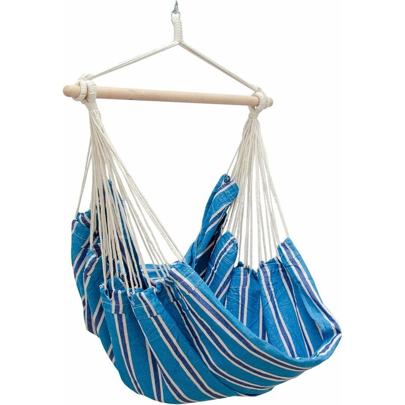 foto del prodotto amaca per sedersi 2 persone 150kg sedile sospeso a 2 posti poltrona di cotone 185x130cm incl perno girevole 360 righe blu amanka