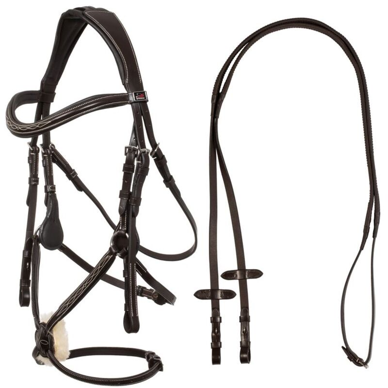 foto del prodotto amahorse briglia messicana per cavalli in cuoio con nasalina imbottita e curva completa di redini pony, marrone