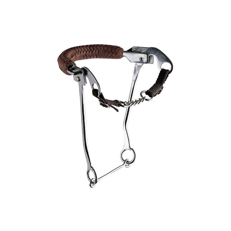 foto del prodotto amahorse hackamore in acciaio inox ad aste lunghe e con nasalina in cuoio intrecciato