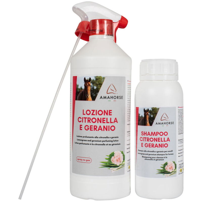 foto del prodotto amahorse kit anti insetti lozione citronella e geraneo 1000 ml e shampoo citronella 500 ml