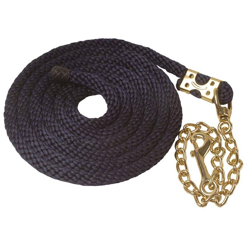 foto del prodotto amahorse lunghina per cavallo in nylon grosso semi rigido e intrecciato con catena e moschettone colore ottone rosso e blu navy