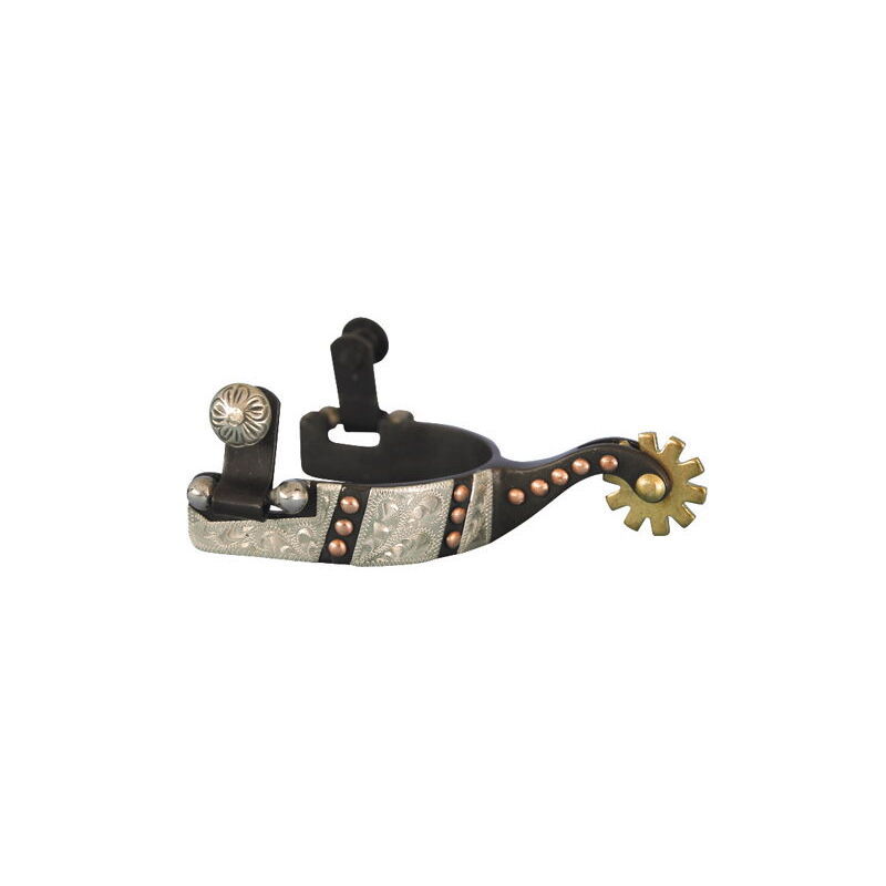 foto del prodotto amahorse speroni western per bambino in ferro nero largo con decorazioni argento borchiette in rame e rotella colore ottone