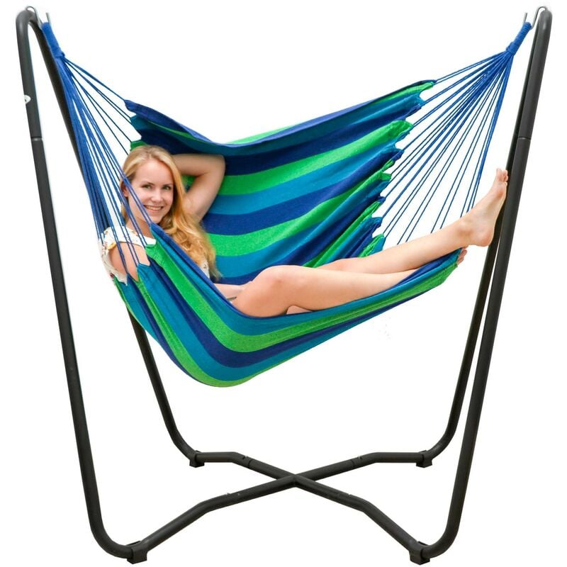 foto del prodotto amanka set sostegno di acciaio 175x100x155cm incl amaca di cotone per sedersi sdraiarsi max 150kg a righe blu verdi