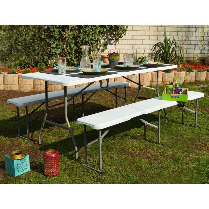 foto del prodotto amanka set tavolo e panche per 8 persone 180 x 70 cm in plastica bianco