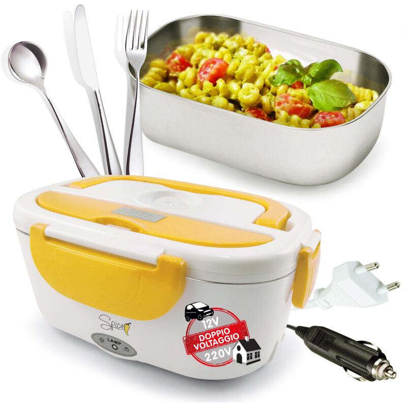 foto del prodotto amarillo inox plus scaldavivande portatile lunch box doppio voltaggio double voltage 220v 12v con vaschetta 1,5 l estraibile set 3 posate in