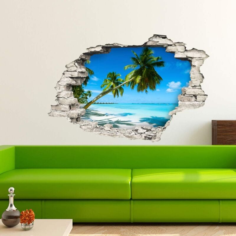 foto del prodotto ambiance sticker adesivo effetto 3d stickers palme su spiaggia paradisiaca decorazione murale camere e soggiorni 60 x 90 cm