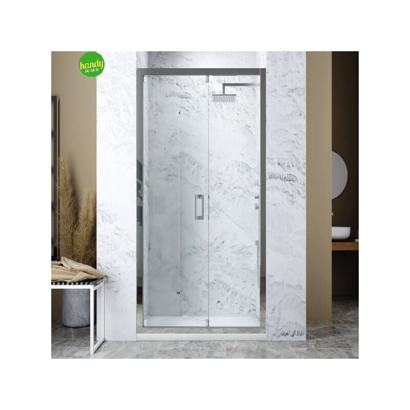 foto del prodotto ambra porta a libro box doccia in vetro temperato trasparente 6mm modello cartesio h.195 est. cm 66 70 vetro trasparente spazio ingresso 44 cm