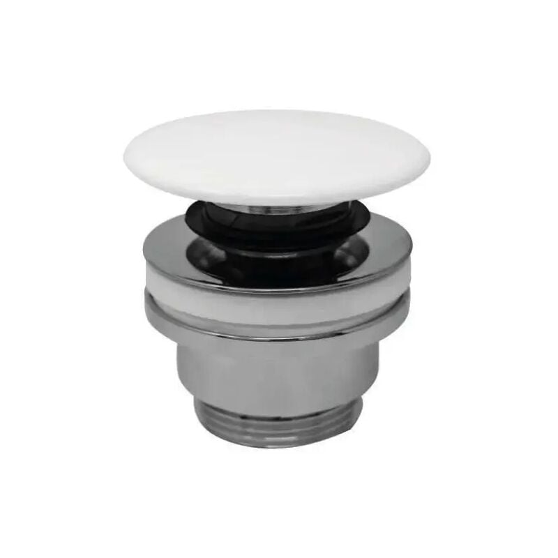 foto del prodotto ambra water piletta di scarico click clack in ottone cromato per lavabo o bidet con tappo tondo in ceramica bianco lucido e vite centrale 11 4 