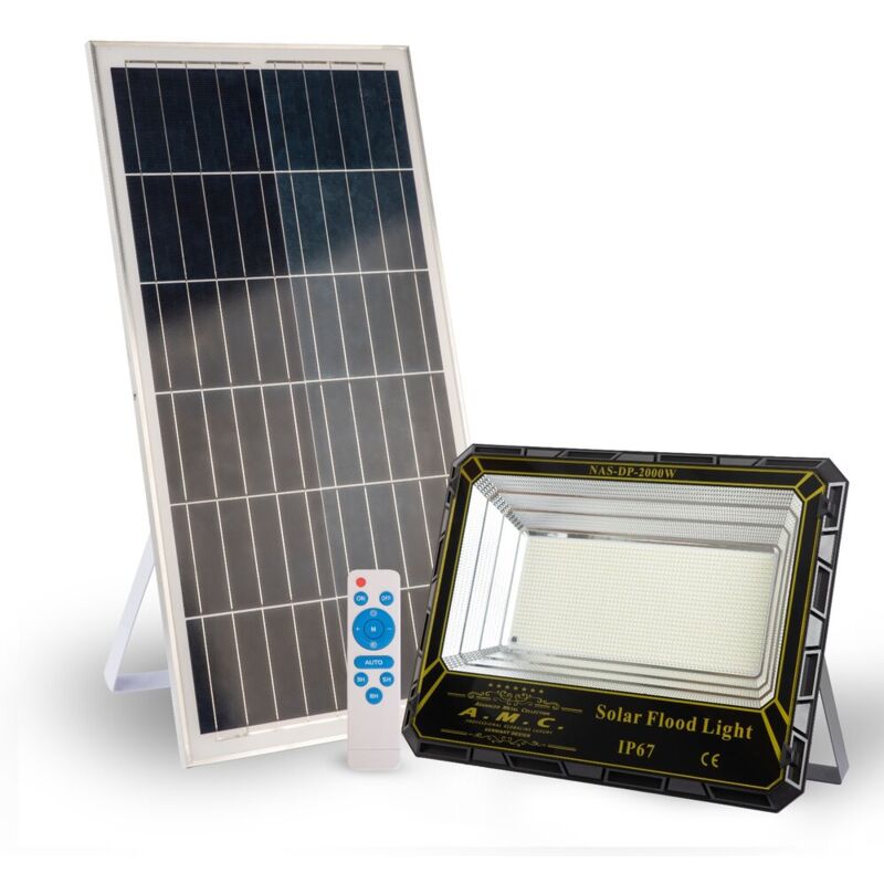 foto del prodotto amc faro solare a led 2000w pannello solare con sensore e telecomando, ip 67