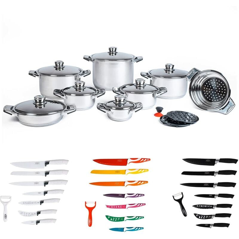 foto del prodotto amc set batteria pentole in acciaio inox 18 10 da 18pz e set coltelli 8pz in omaggio