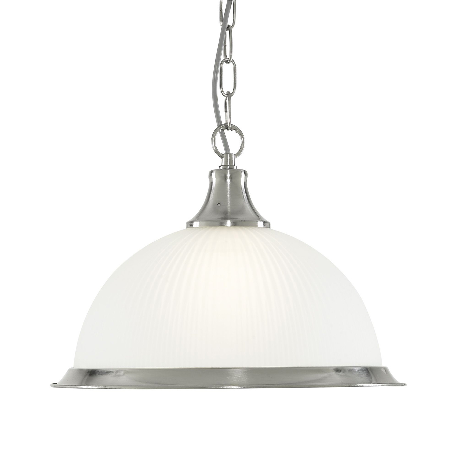 foto del prodotto american diner lampadario a 1 luce a cupola in argento satinato, vetro acidato, attacco e27 searchlight
