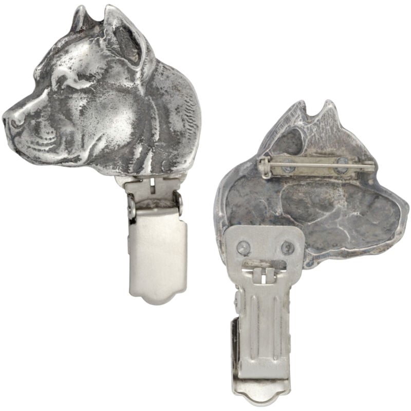 foto del prodotto american staffordshire terrier, amstaff, amstaf i spilla con clip, porta numero di partenza, regalo per una mostra canina di art dog