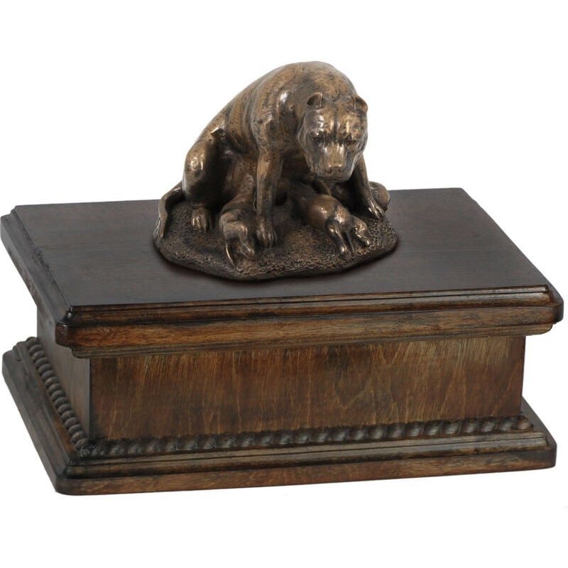 foto del prodotto american staffordshire terrier, amstaff, amstaf i un urna per le ceneri del cane, un urna classica con una statuetta, un urna elegante con un cane