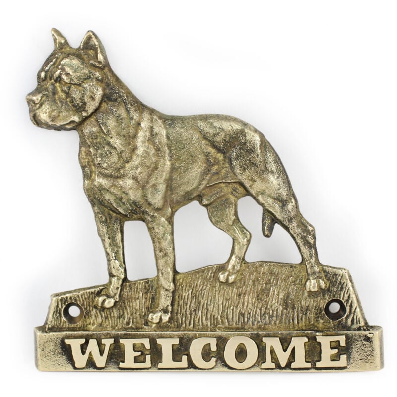 foto del prodotto american staffordshire terrier, amstaff, amstaf iii cartello porta con un cane, targa di benvenuto in ottone, cartello unico con la scritta welcome