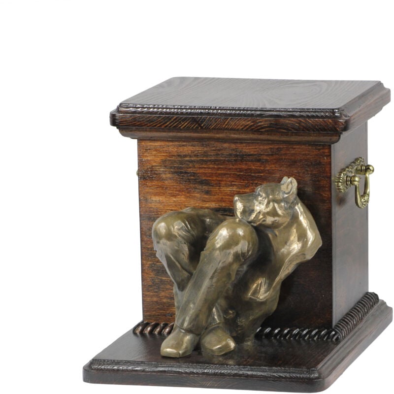 foto del prodotto american staffordshire terrier, amstaff, amstaf iv un urna per le ceneri di cane con una statuetta, un urna elegante per un cane, un urna unica con