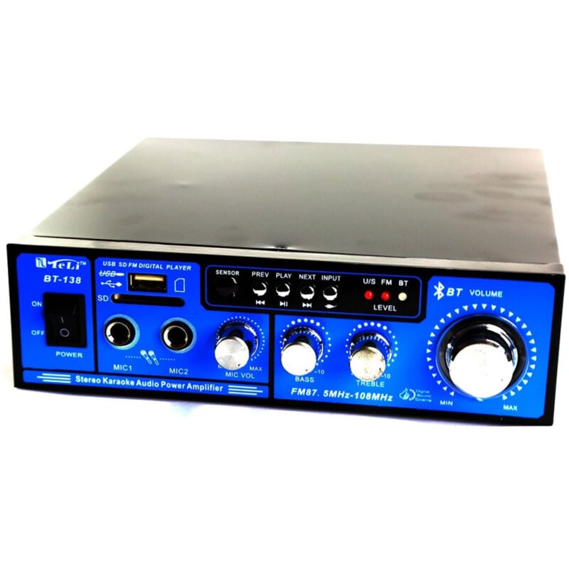 foto del prodotto amplificatore audio 12v 220v usb sd 2 microfoni mp3 fm casa auto bluetooth bt138 trade shop traesio