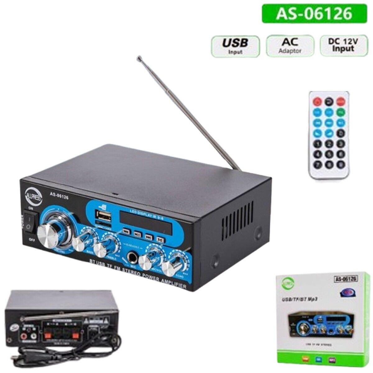 foto del prodotto amplificatore audio stereo 2 canali fm usb sd mp3 karaoke microfono as 06126