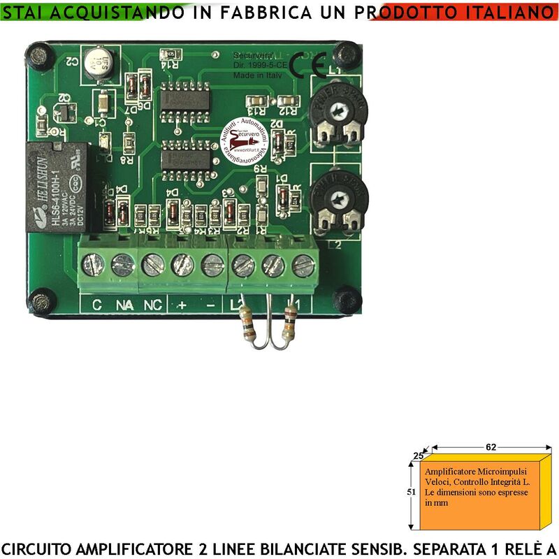 foto del prodotto amplificatore di microimpulsi per sensori di allarme inerziali o vibratori analizza tentativi di effrazione o scasso 2 linee bilanciate regolazione