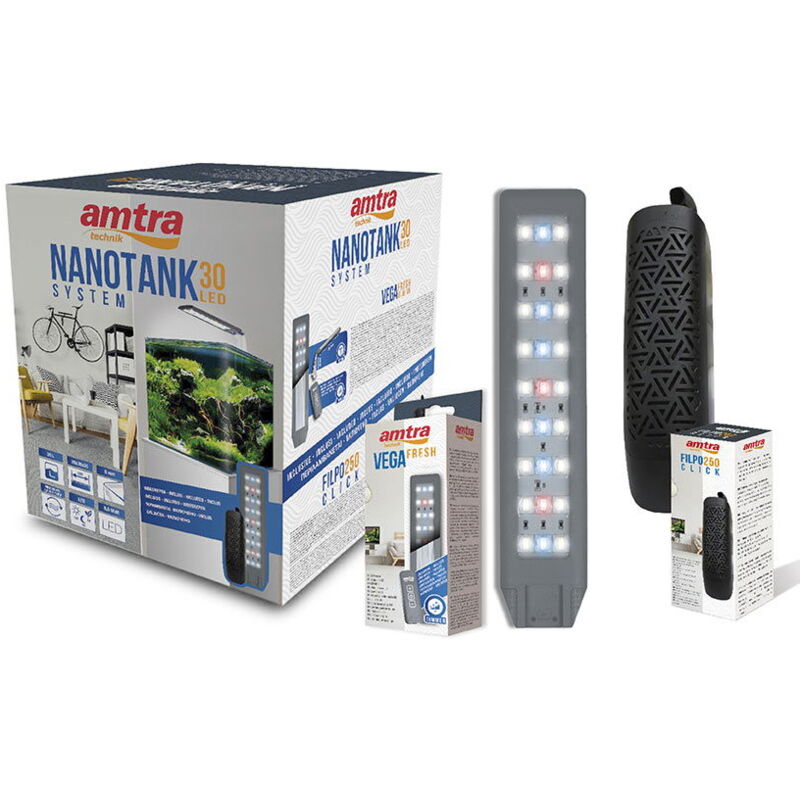 foto del prodotto amtra acquario in vetro con angoli frontali arrotondati nanotank cubo system 30 completo di luce led e filtro